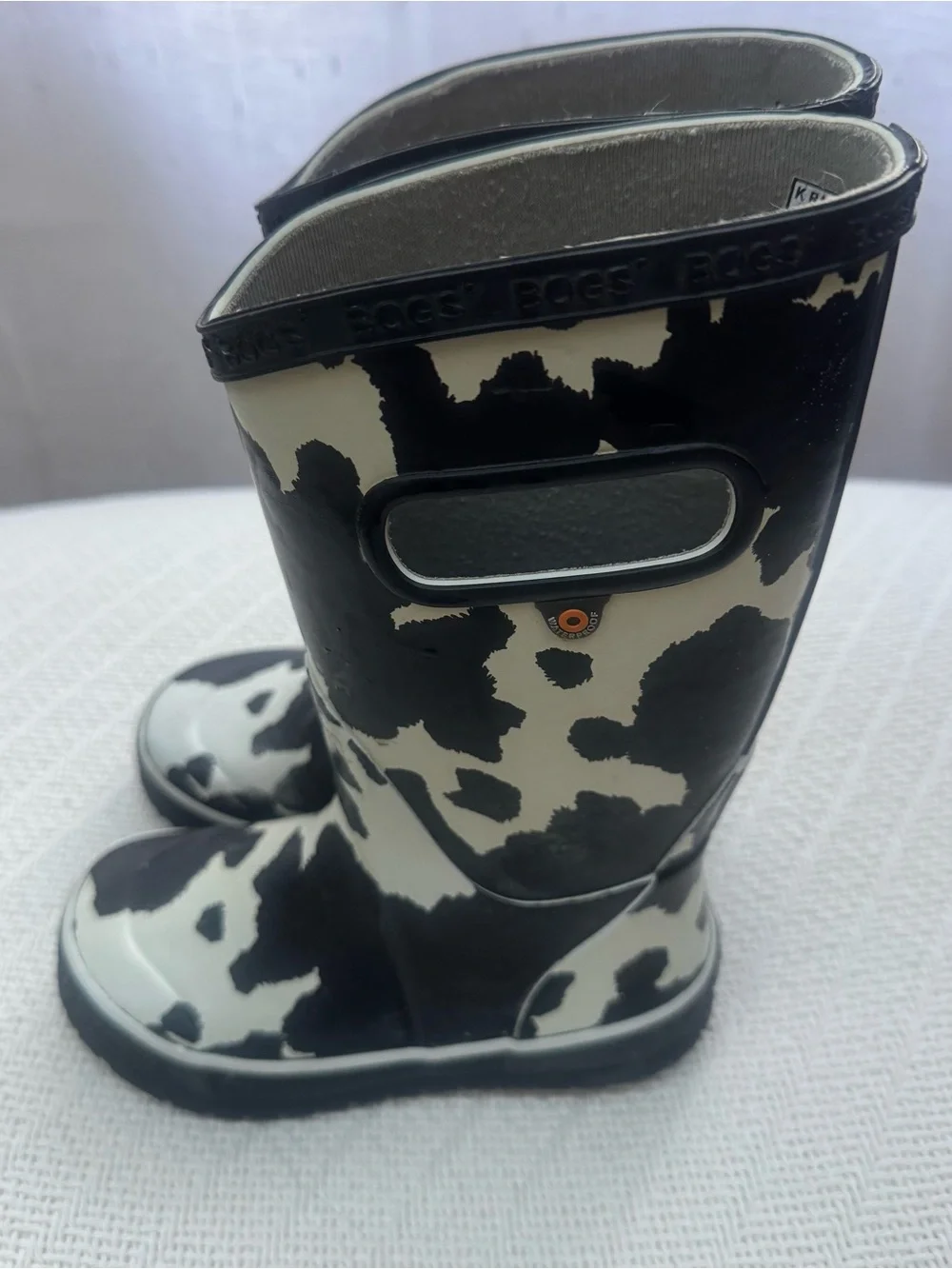 Bogs Kids Sz 12 Black and White Cow Print Rain Boots